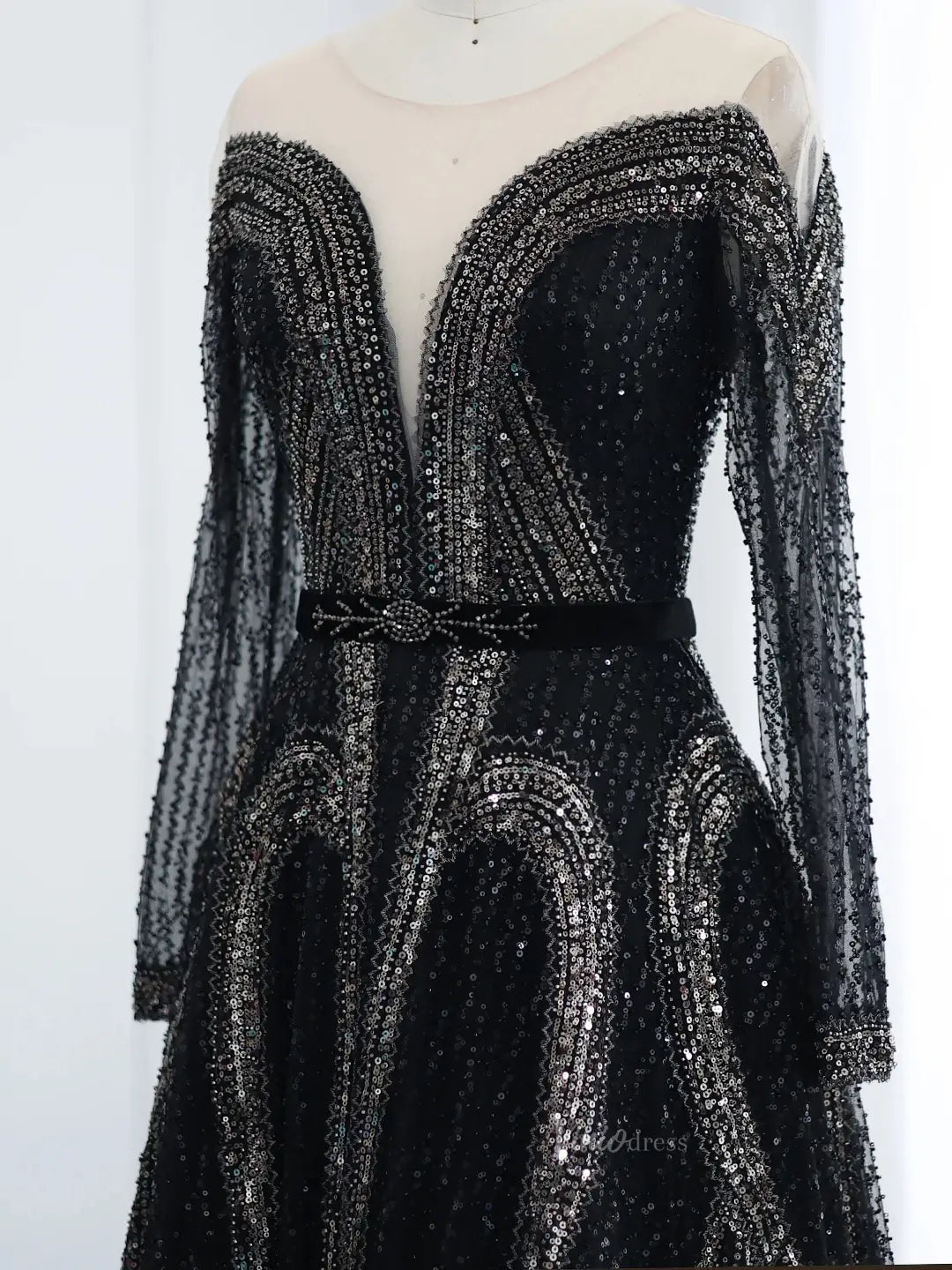 Beaded Black Prom Dresses Long Sleeve A-line Mafia Formal Dresses BD01 Viniodress Beaded Black Prom Dresses Long Sleeve A-line Mafia Formal Dresses BD01 Viniodress