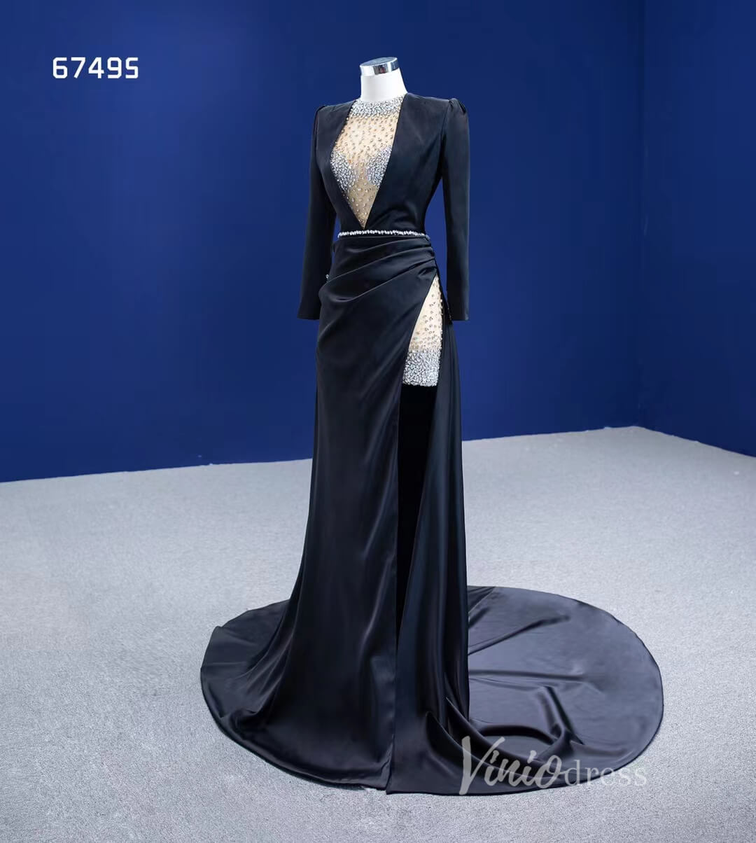 Beaded Black Satin Sheath Formal Dress with Long Sleeve 67495-prom dresses 2025 -Viniodress-Black-Custom Size-