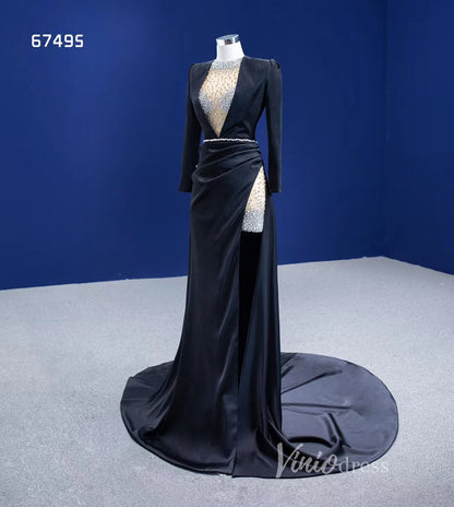 Beaded Black Satin Sheath Formal Dress with Long Sleeve 67495-prom dresses 2025 -Viniodress-Black-Custom Size-