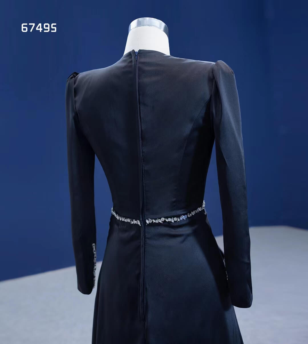 Beaded Black Satin Sheath Formal Dress with Long Sleeve 67495-prom dresses 2025 -Viniodress-Black-Custom Size-