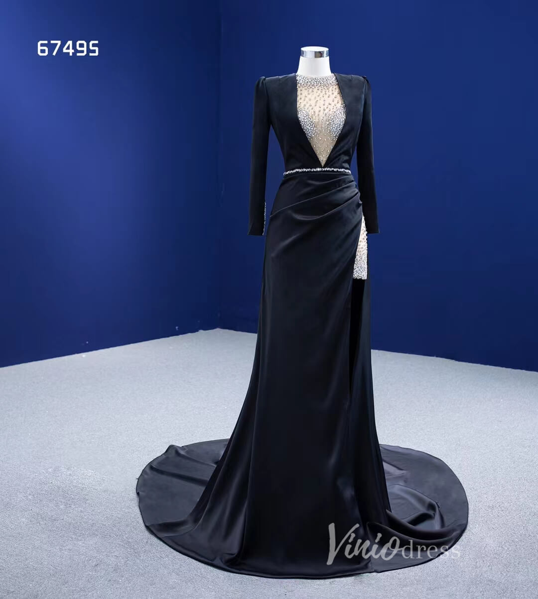 Prom Dress 2025 Beaded Black Satin Sheath Formal Dress with Long Sleeve 67495-unique prom dresses-Black-Custom Size-Viniodress