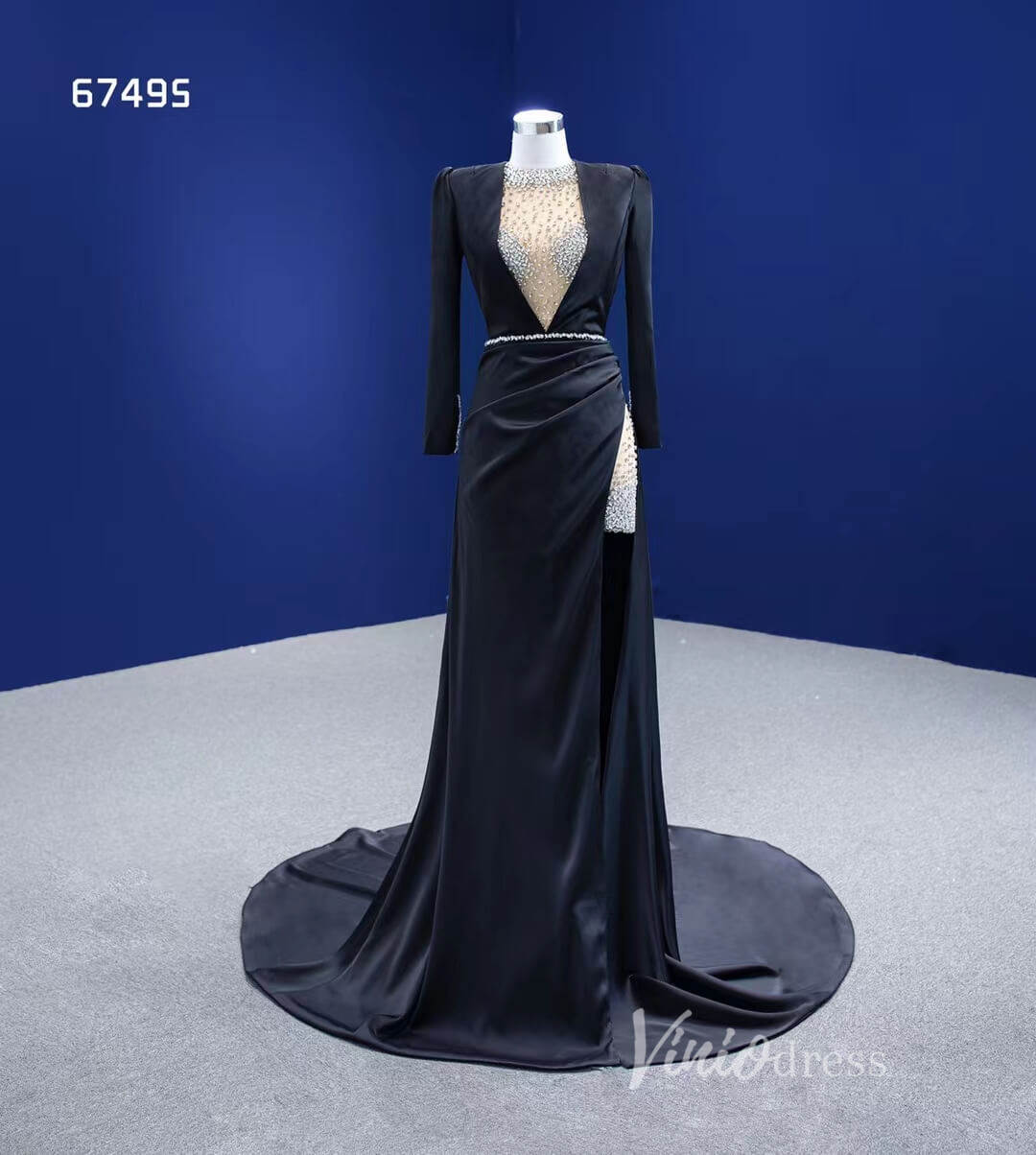 Prom Dress 2025 Beaded Black Satin Sheath Formal Dress with Long Sleeve 67495-unique prom dresses-Black-Custom Size-Viniodress