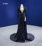 Prom Dress 2025 Beaded Black Satin Sheath Formal Dress with Long Sleeve 67495-unique prom dresses-Black-Custom Size-Viniodress