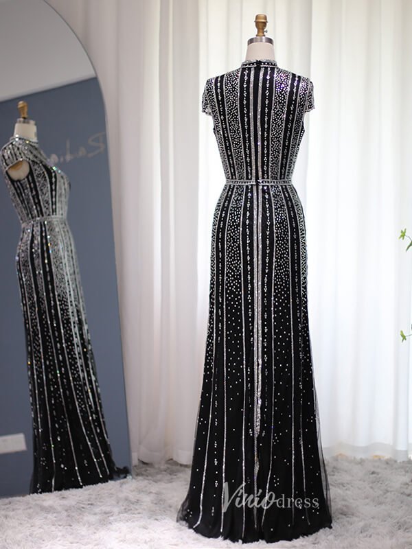 Beaded Black Sheath Evening Dress Cap Sleeve High Neck Prom Dresses 20098-Evening Dresses 2025 -Viniodress-Black-US 2-