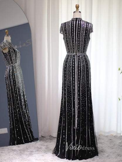Beaded Black Sheath Evening Dress Cap Sleeve High Neck Prom Dresses 20098-Evening Dresses 2025 -Viniodress-Black-US 2-
