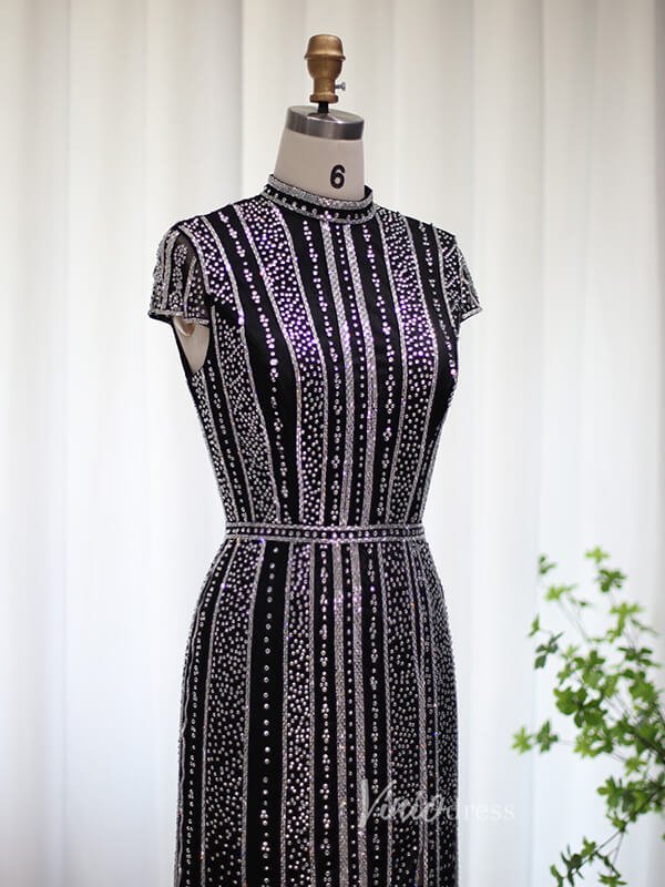 Beaded Black Sheath Evening Dress Cap Sleeve High Neck Prom Dresses 20098-Evening Dresses 2025 -Viniodress-Black-US 2-