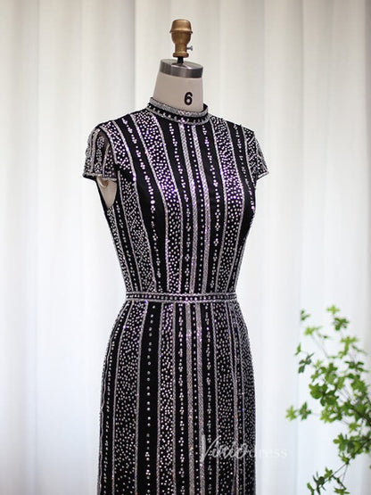 Beaded Black Sheath Evening Dress Cap Sleeve High Neck Prom Dresses 20098-Evening Dresses 2025 -Viniodress-Black-US 2-