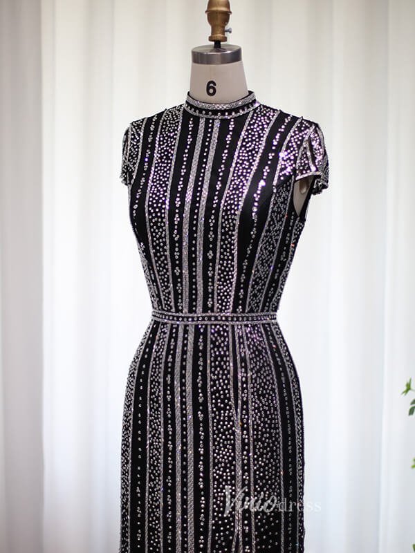 Beaded Black Sheath Evening Dress Cap Sleeve High Neck Prom Dresses 20098-Evening Dresses 2025 -Viniodress-Black-US 2-