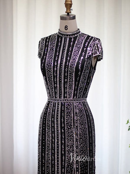 Beaded Black Sheath Evening Dress Cap Sleeve High Neck Prom Dresses 20098-Evening Dresses 2025 -Viniodress-Black-US 2-