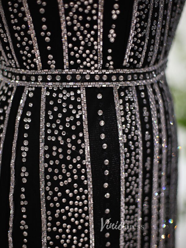 Beaded Black Sheath Evening Dress Cap Sleeve High Neck Prom Dresses 20098-Evening Dresses 2025 -Viniodress-Black-US 2-