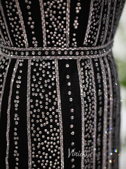 Beaded Black Sheath Evening Dress Cap Sleeve High Neck Prom Dresses 20098-Evening Dresses 2025 -Viniodress-Black-US 2-