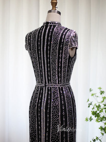 Beaded Black Sheath Evening Dress Cap Sleeve High Neck Prom Dresses 20098-Evening Dresses 2025 -Viniodress-Black-US 2-