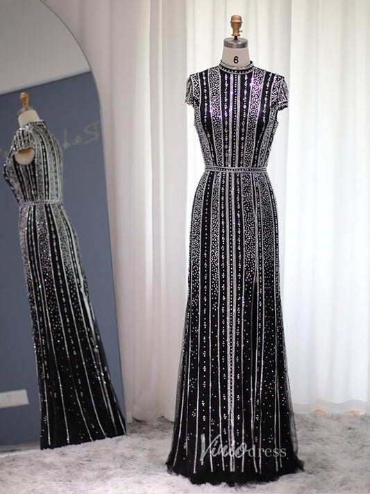Beaded Black Sheath Evening Dress Cap Sleeve High Neck Prom Dresses 20098-Evening Dresses 2025 -Viniodress-Black-US 2-