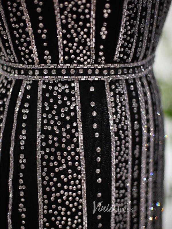 Beaded Black Sheath Evening Dress Cap Sleeve High Neck Prom Dresses 20098 - ViniodressEvening DressesBlackUS 2 - Formal Dresses - Ball Gowns