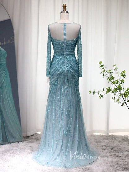 Beaded Blue Shimmer Prom Dresses Long Sleeve 1920s Evening Dress 20077-Evening Dresses 2025 -Viniodress-Blue-US 2-