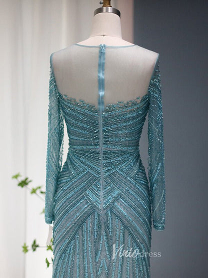 Beaded Blue Shimmer Prom Dresses Long Sleeve 1920s Evening Dress 20077-Evening Dresses 2025 -Viniodress-Blue-US 2-