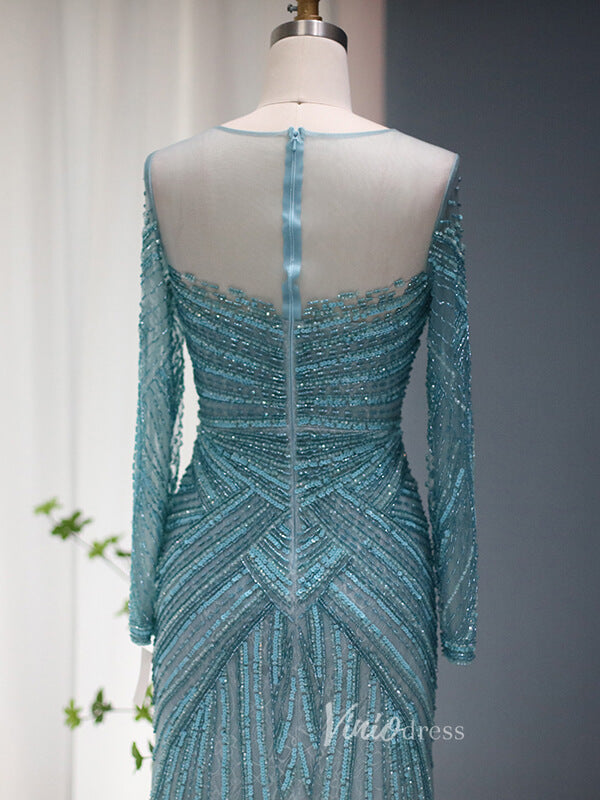 Prom Dress 2025 Beaded Blue Shimmer Prom Dresses Long Sleeve 1920s Evening Dress 20077-unique prom dresses-Blue-US 2-Viniodress