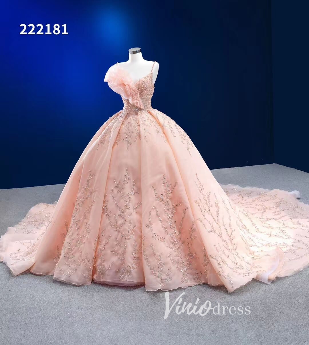 Beaded Blush Pink Ball Gown Spaghetti Strap Wedding Dresses 222181-Quinceanera Dresses 2025 -Viniodress-Blush Pink-Custom Size-