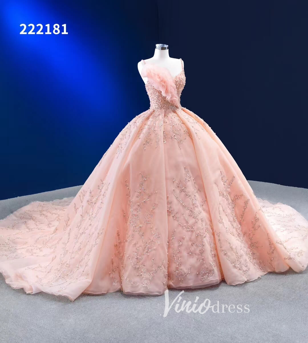 Beaded Blush Pink Ball Gown Spaghetti Strap Wedding Dresses 222181-Quinceanera Dresses 2025 -Viniodress-Blush Pink-Custom Size-