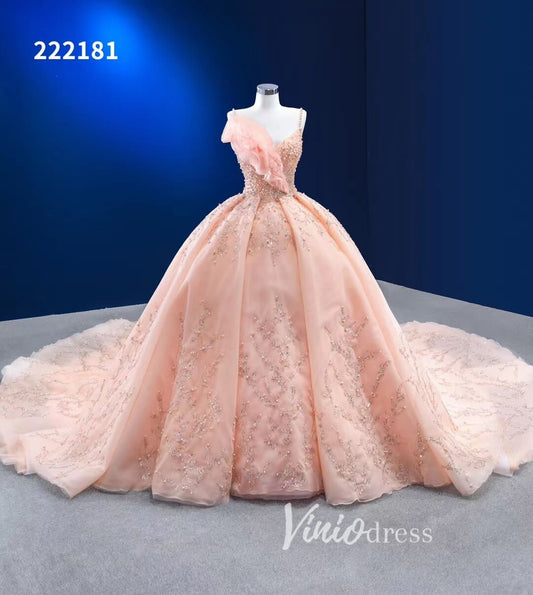 Beaded Blush Pink Ball Gown Spaghetti Strap Wedding Dresses 222181-Quinceanera Dresses 2025 -Viniodress-Blush Pink-Custom Size-