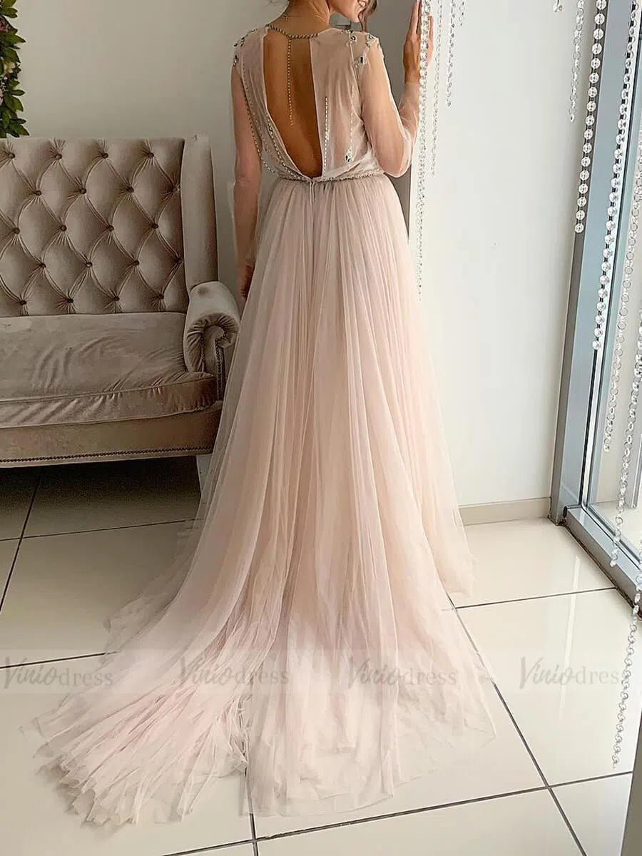 Beaded Blush Pink Beach Wedding Dresses with Long Sleeves VW1345-wedding dresses-Viniodress-Viniodress