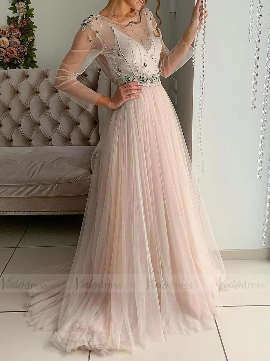 Beaded Blush Pink Beach Wedding Dresses with Long Sleeves VW1345-wedding dresses-Viniodress-As Picture-Custom Size-Viniodress