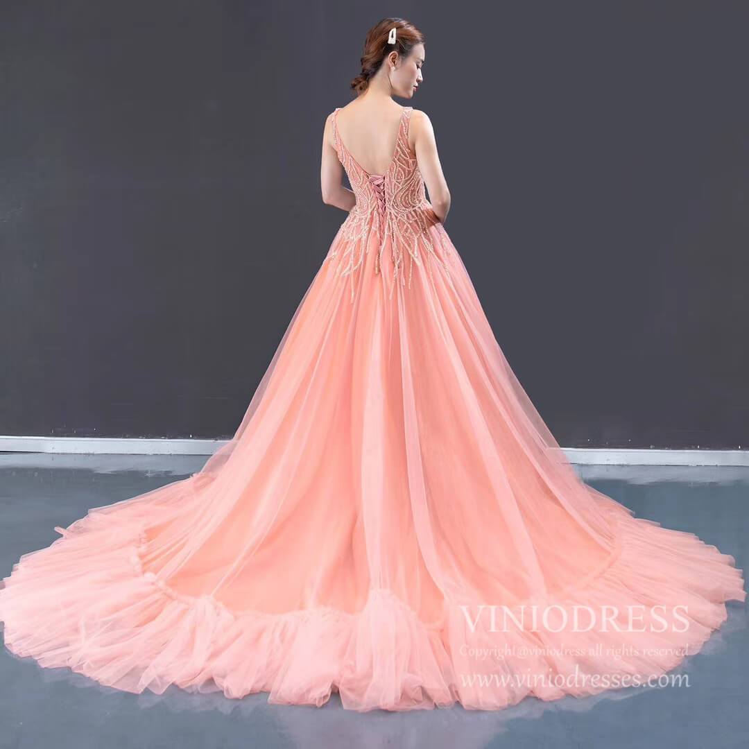 Prom Dress 2025 Beaded Blush Vintage Prom Dresses with Long Train 66961 viniodress-unique prom dresses-As Picture-Custom Size-Viniodress