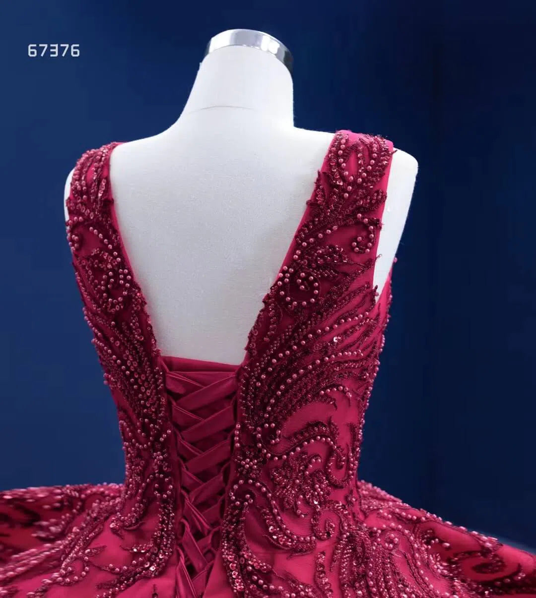 Beaded Burgundy Ball Gown Wedding Dress 67376 viniodress-Quinceanera Dresses 2025 -Viniodress-Burgundy-Custom Size-