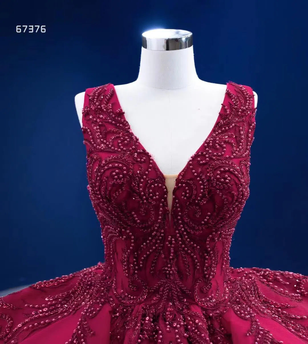 Beaded Burgundy Ball Gown Wedding Dress 67376 viniodress-Quinceanera Dresses 2025 -Viniodress-Burgundy-Custom Size-