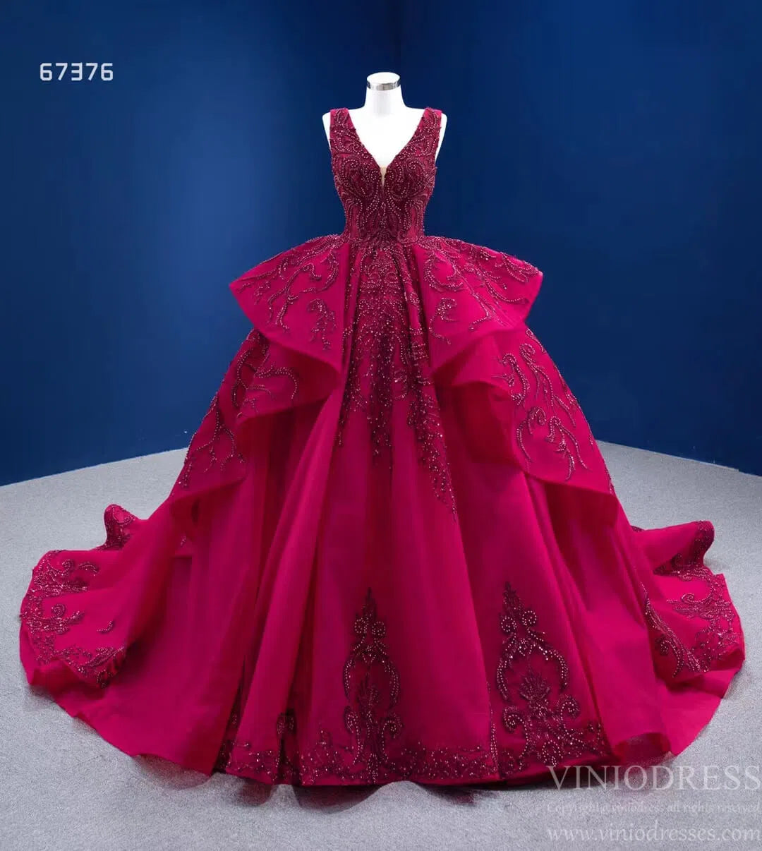 Beaded Burgundy Ball Gown Wedding Dress 67376 viniodress-Quinceanera Dresses 2025 -Viniodress-Burgundy-Custom Size-