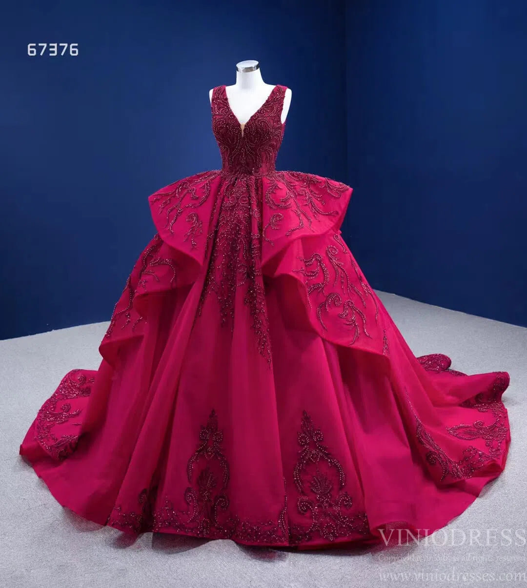 Beaded Burgundy Ball Gown Wedding Dress 67376 viniodress-Quinceanera Dresses 2025 -Viniodress-Burgundy-Custom Size-