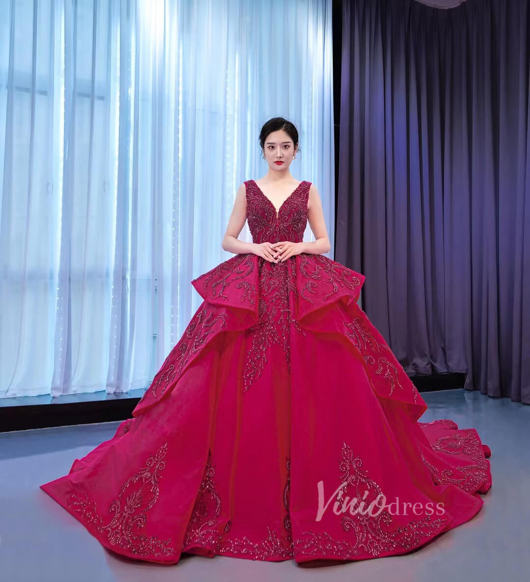 Prom Dress 2025 Beaded Burgundy Ball Gown Wedding Dress 67376 viniodress-unique Quinceanera Dresses-Burgundy-Custom Size-Viniodress