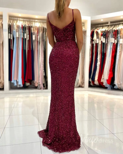 Beaded Burgundy Mermaid Prom Dress with Slit FD2842-prom dresses 2025 -Viniodress-Burgundy-Custom Size-