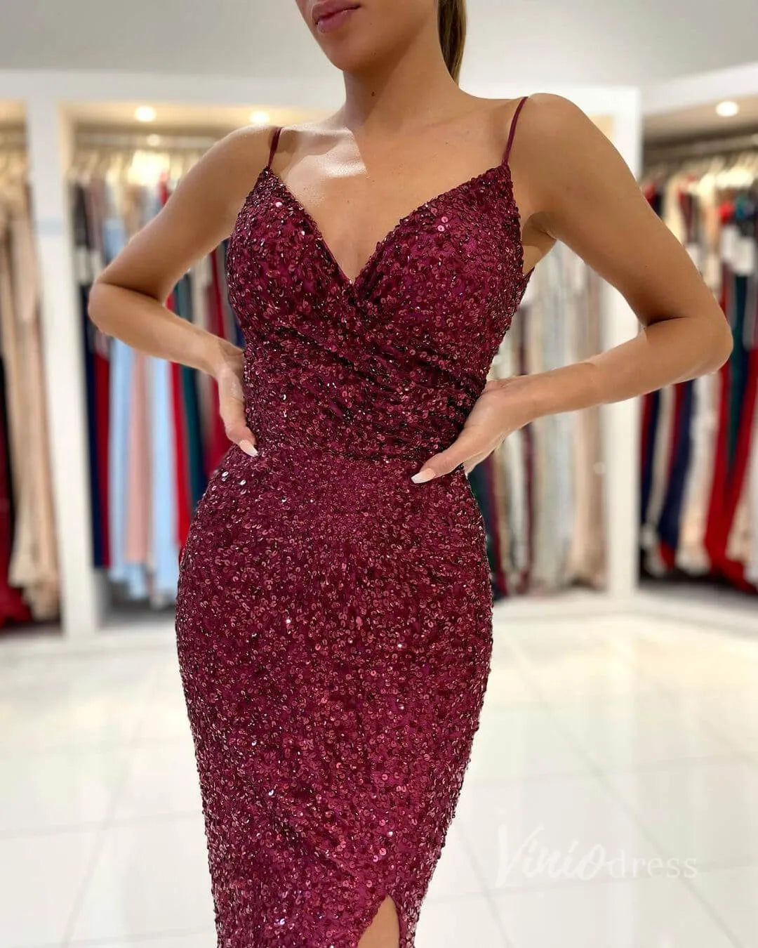 Beaded Burgundy Mermaid Prom Dress with Slit FD2842-prom dresses 2025 -Viniodress-Burgundy-Custom Size-