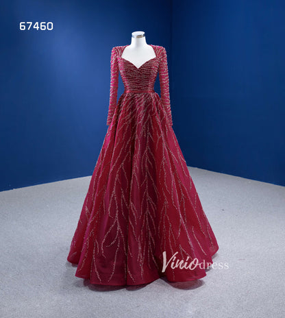 Beaded Burgundy Prom Dress Long Sleeve Formal Dresses 67460-Evening Dresses 2025 -Viniodress-Burgundy-Custom Size-