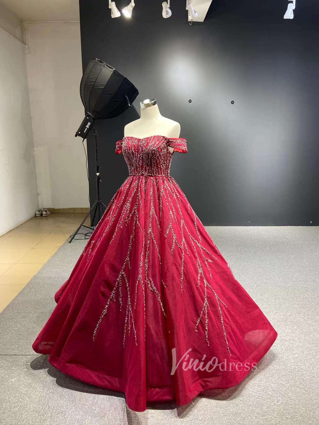 Beaded Burgundy Tulle Prom Dress Off the Shoulder 67395B viniodress-prom dresses 2025 -Viniodress-Dark Red-Custom Size-