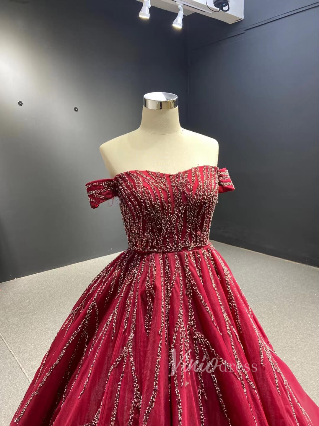 Beaded Burgundy Tulle Prom Dress Off the Shoulder 67395B viniodress-prom dresses 2025 -Viniodress-Dark Red-Custom Size-