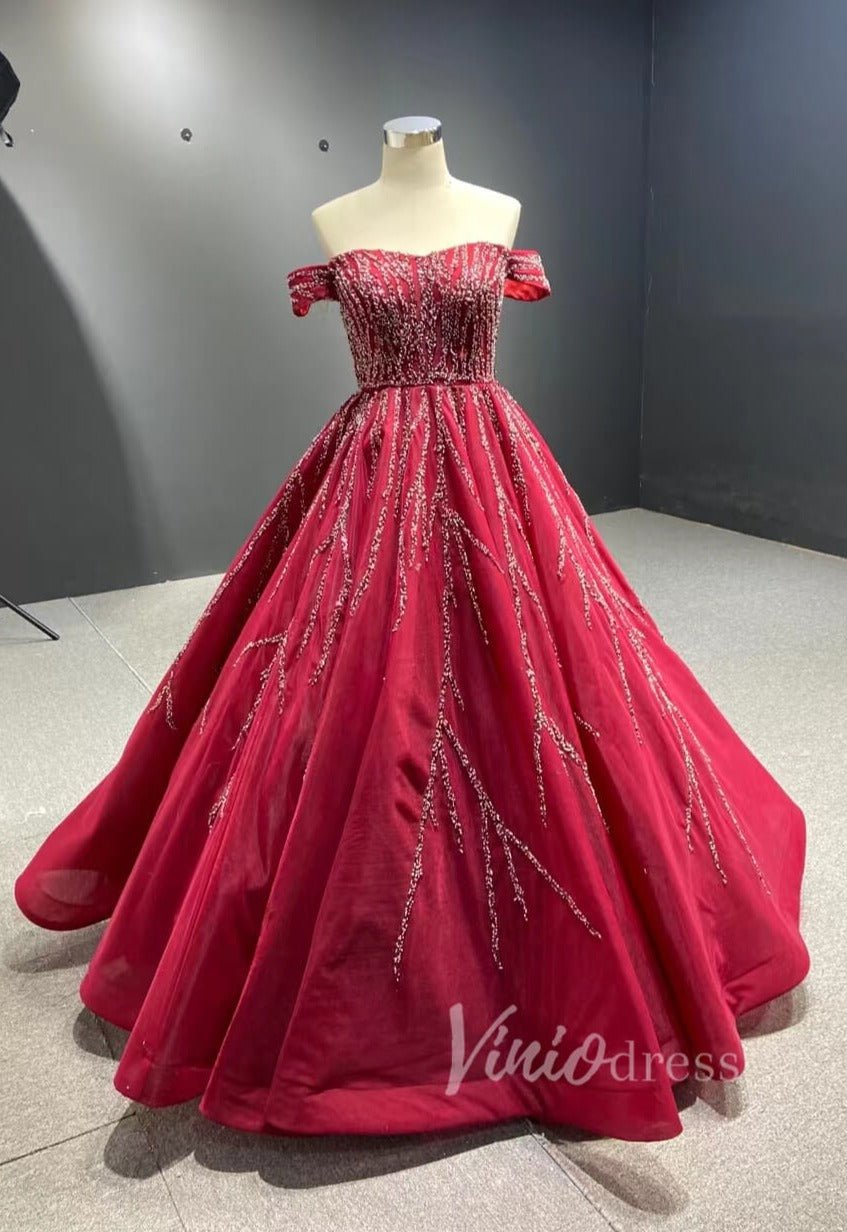Beaded Burgundy Tulle Prom Dress Off the Shoulder 67395B viniodress-prom dresses 2025 -Viniodress-Dark Red-Custom Size-