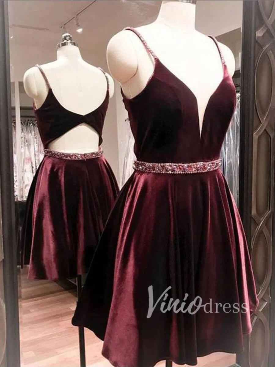 Beaded Burgundy Velvet Homecoming Dresses Spaghetti Strap SD1179-Homecoming Dresses 2025 -Viniodress-Burgundy-Custom Size-