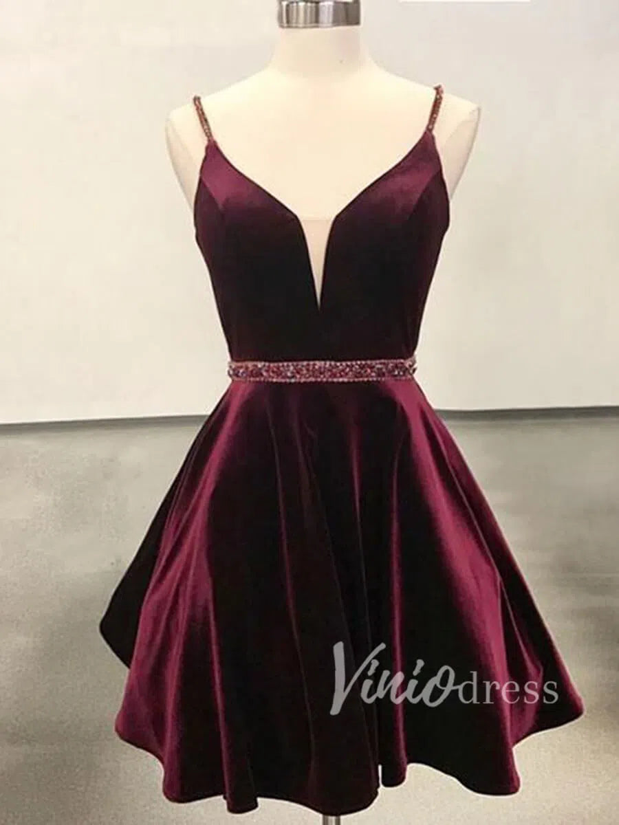 Beaded Burgundy Velvet Homecoming Dresses Spaghetti Strap SD1179-Homecoming Dresses 2025 -Viniodress-Burgundy-Custom Size-