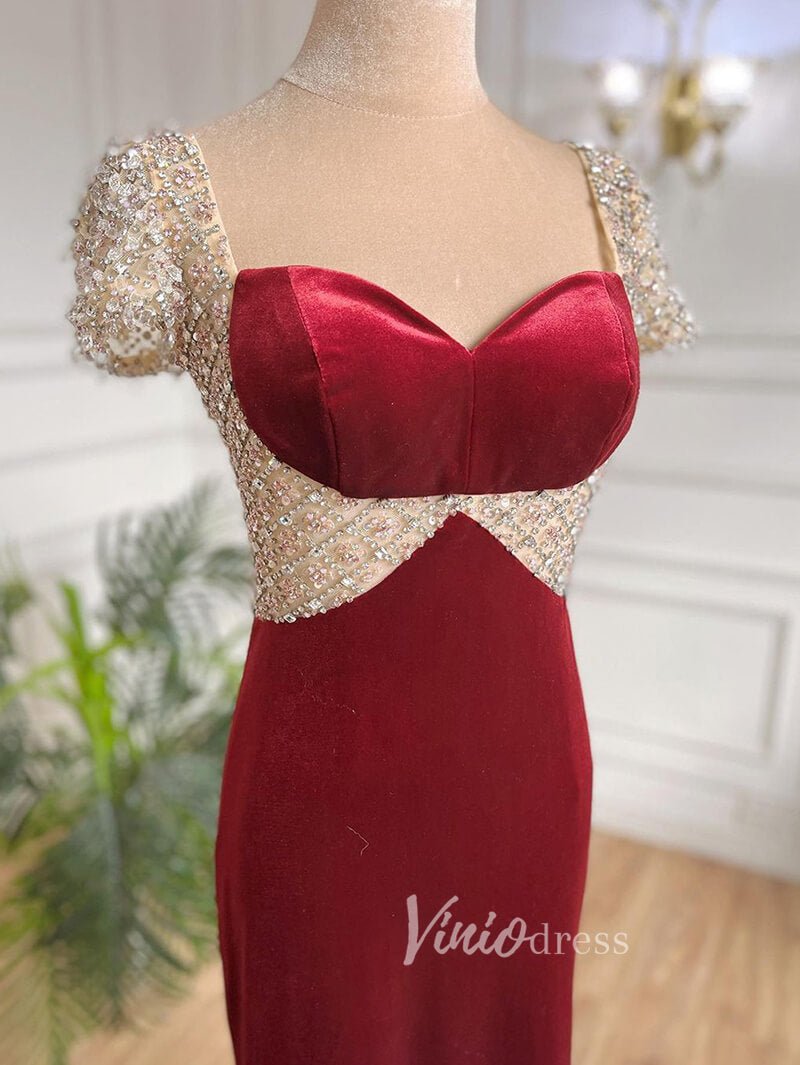 Beaded Burgundy Velvet Prom Dresses Sweetheart Neck Sheath Evening Dress 20028-Evening Dresses 2025 -Viniodress-Burgundy-US 2-