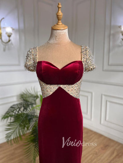 Beaded Burgundy Velvet Prom Dresses Sweetheart Neck Sheath Evening Dress 20028-Evening Dresses 2025 -Viniodress-Burgundy-US 2-