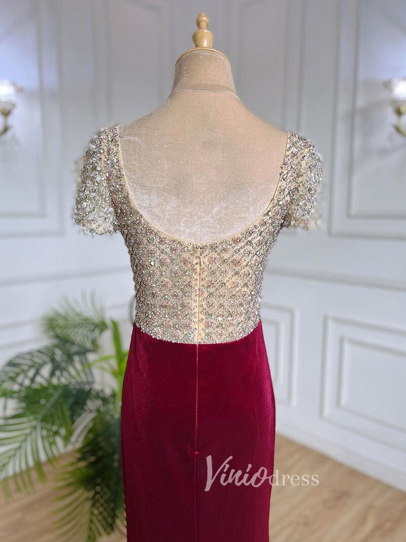 Beaded Burgundy Velvet Prom Dresses Sweetheart Neck Sheath Evening Dress 20028-Evening Dresses 2025 -Viniodress-Burgundy-US 2-