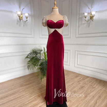 Beaded Burgundy Velvet Prom Dresses Sweetheart Neck Sheath Evening Dress 20028-Evening Dresses 2025 -Viniodress-Burgundy-US 2-