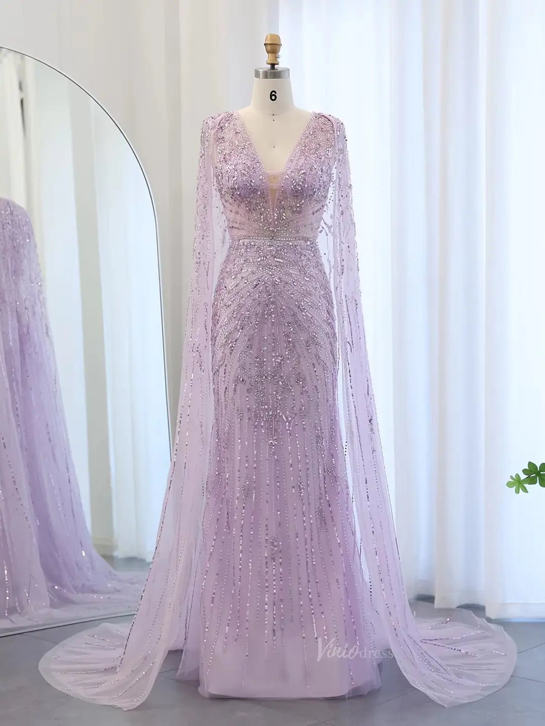 Beaded Cape Prom Dresses Elegant V-neck Formal Dresses Sheath BD049-Evening Dresses 2025 -Viniodress-Lavender-US 2-