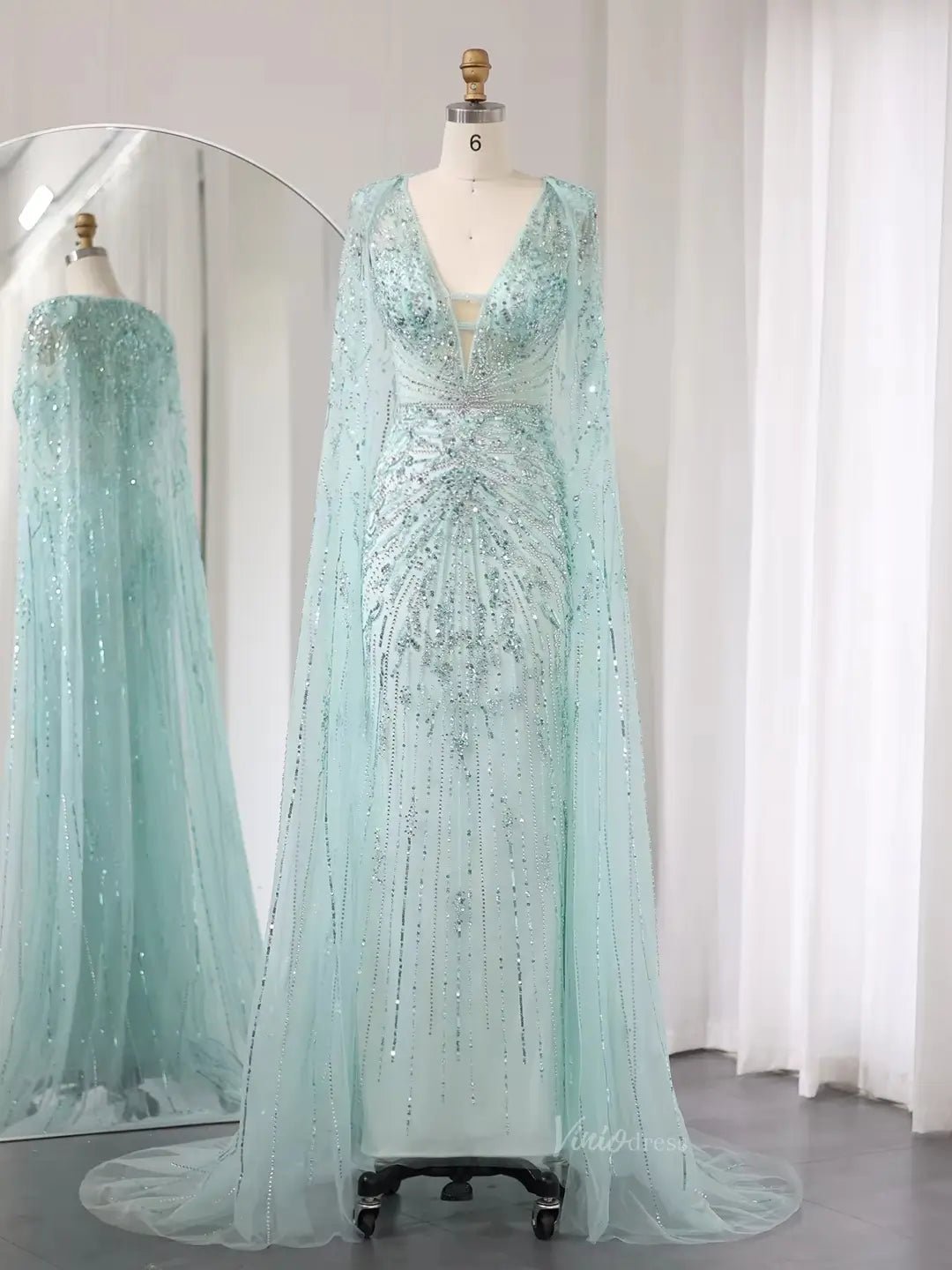 Beaded Cape Prom Dresses Elegant V-neck Formal Dresses Sheath BD049-Evening Dresses 2025 -Viniodress-Light Green-US 2-