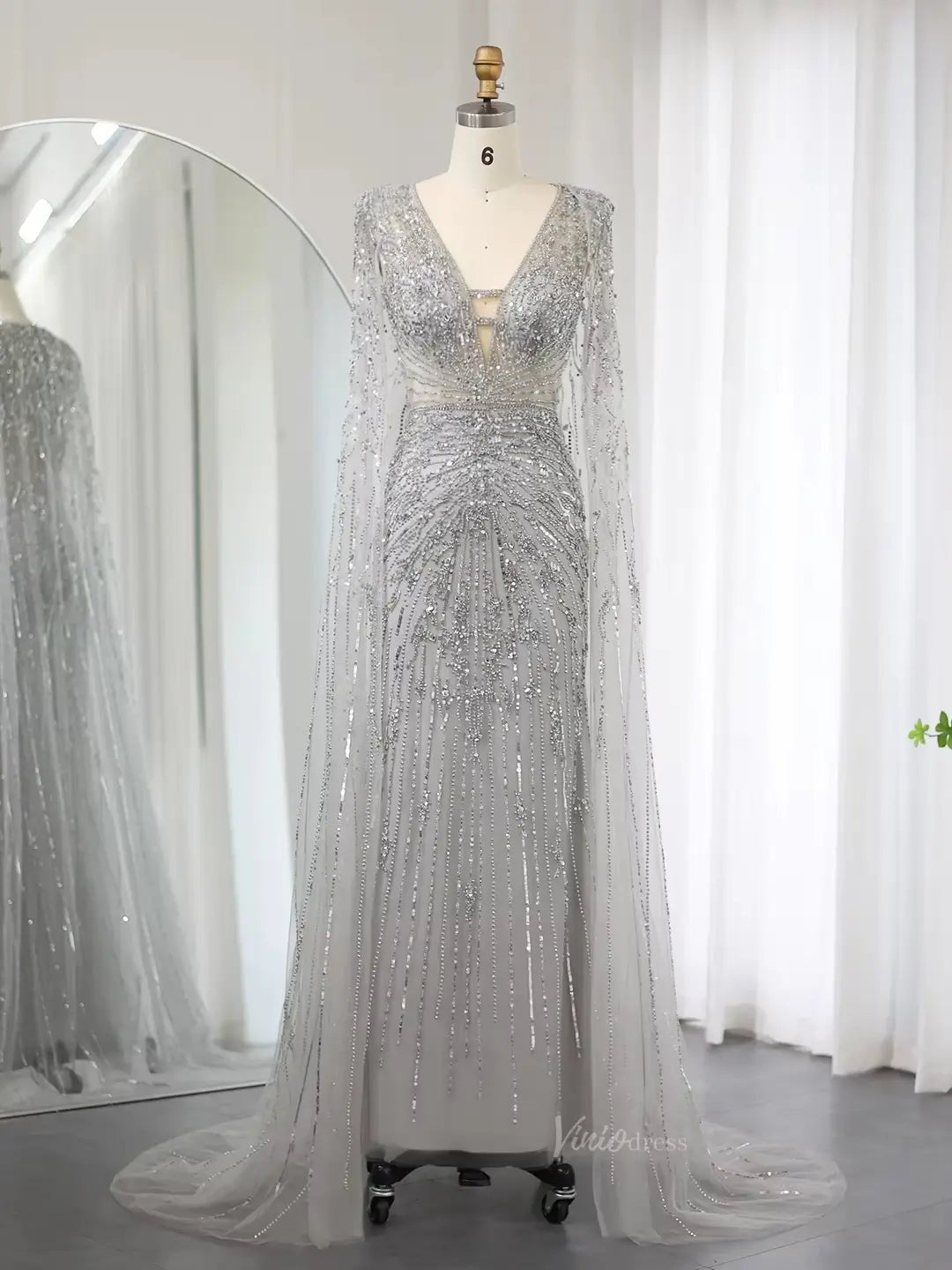 Beaded Cape Prom Dresses Elegant V-neck Formal Dresses Sheath BD049-Evening Dresses 2025 -Viniodress-Silver-US 2-