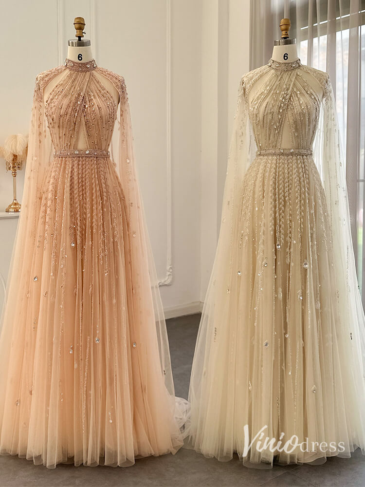 Beaded Cape Sleeve Evening Dresses High Neck Pageant Dress AD1162-prom dresses-Viniodress-Champagne-US 2-Viniodress