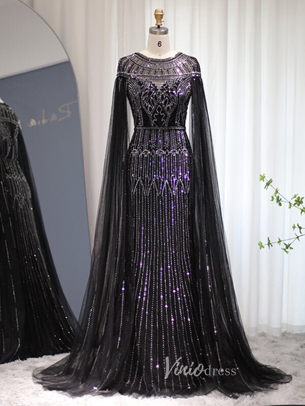 Beaded Cape Sleeve Evening Gowns Mother of the Bride Dresses 20063-Evening Dresses 2025 -Viniodress-Black-US 2-