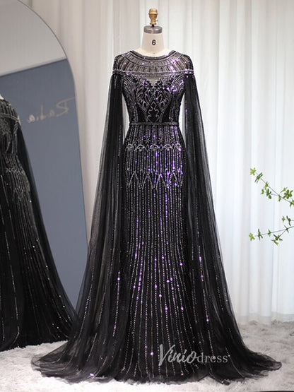 Beaded Cape Sleeve Evening Gowns Mother of the Bride Dresses 20063-Evening Dresses 2025 -Viniodress-Black-US 2-